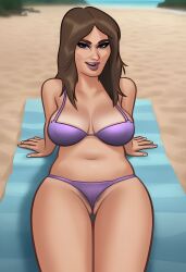 1girls 2d 2d_(artwork) ai_assisted ai_generated beach beach_towel big_breasts bikini bikini_bottom breasts brown_hair brunette cameltoe cleavage curvaceous curvaceous_female curvaceous_figure curves curvy curvy_body curvy_female curvy_figure curvy_hips digital_drawing_(artwork) digital_media_(artwork) female female_focus female_only laying_down laying_on_back light-skinned_female light_skin long_hair looking_at_viewer looking_back melonia_(summertime_saga) milf on_back pose posing presenting presenting_breasts pubic_hair pussy pussy_lips shiny_body shiny_skin sitting smile smiling solo summertime_saga tanline tanlines thick_thighs topless trimmed_pubic_hair vagina