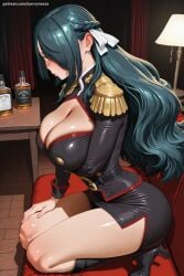 1girl ai_generated azuma_fubuki belt black_footwear blush boots breasts cleavage closed_mouth epaulettes from_side hair_over_one_eye hi_res high_heel_boots high_heels high_quality high_resolution indoors knee_boots large_breasts long_hair looking_at_viewer mato_seihei_no_slave miniskirt patreon savvyraexo seductive sexy shiny shiny_skin sitting skirt solo thighs uncensored uniform watermark yellow_eyes