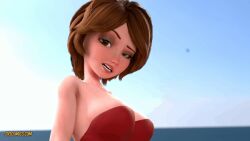 animated animated_gif aunt_cass beach big_breasts big_hero_6 breasts brown_hair flashing_breasts gif looking_at_viewer milf outdoors outside short_hair tits undressing