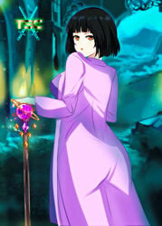 bangs black_hair eyebrows_visible_through_hair female female_only highres logo looking_at_viewer looking_back original original_character red_eyes robe sacredcourage serenity_addlebeen short_hair sideboob staff standing the_legendary_tauran'creima the_legendary_tauran'creima:_star_beings_of_the_universe