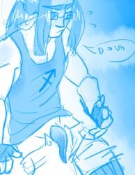 1boy 2015 alien alien_humanoid artist_request big_penis blue_penis bottomwear bottomwear_down dialog dialogue dialogue_bubble emanata equius_zahhak fingerless_gloves glasses gloves hair homestuck homestuck_troll humanoid_pointy_ears long_hair long_penis male male_only monochrome monochrome_background ms_paint_adventures muscular muscular_arms muscular_male no_artist_signature penile pointy_ears shorts shorts_down solo solo_male tank_top tentacle_penis topwear