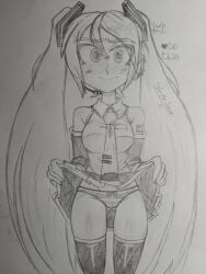 embarrassed girl hatsune_miku lifting_skirt panties simple_leon2 thighs traditional_art twitter underwear