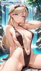 1girls 2026 ai_assisted ai_generated anime beach boobs breasts bust eiyuu_densetsu elaine_auclair hi_res high_quality high_resolution highres kuro_no_kiseki kuro_no_kiseki_(series) long_hair low-tied_long_hair navel patreon patreon_username pool skypassion smile stable_diffusion swimsuit tits water watermark