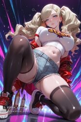 1girl ai_generated ann_takamaki bangs black_thighhighs blonde_hair blue_eyes blush breasts crop_top denim denim_shorts hair_ornament hairclip jacket large_breasts long_hair looking_at_viewer midriff navel parted_lips persona persona_5 shirt shoes short_shorts shorts sneakers solo thighhighs thighs twintails villain_party69
