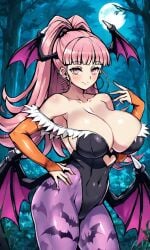 1girl ai_generated bat_wings big_sister breasts bridal_gauntlets cleavage cosplay covered_navel darkstalkers female female_only fire_emblem fire_emblem:_three_houses fire_emblem_heroes forest hilda_valentine_goneril huge_breasts leotard long_hair morrigan_aensland morrigan_aensland_(cosplay) naughty_face night nintendo onee-chan pantyhose pink_eyes pink_hair ponytail seductive_smile silf skin_tight solo wings