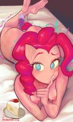 blue_eyes fanart_from_twitter laying_down laying_on_bed mlp my_little_pony pink_hair pinkie_pie_(mlp) pony