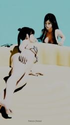 2girls 3d 3d_(artwork) big_ass big_breasts bikini black_hair blender curvy eve_(stellar_blade) feet female female_only hourglass_figure light-skinned_female light_skin ocean raven_(stellar_blade) shift_up stellar_blade voluptuous wide_hips yuri
