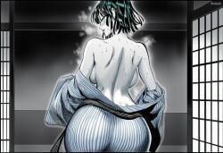 accurate_art_style ai_generated anime_coloring blunt_bangs curvy curvy_figure fubuki_(one-punch_man) greyscale indoors japanese_interior large_breasts mature_female monochrome one-punch_man sexy sexy_body short_hair stickyai toned toned_female