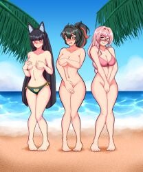 beach bottomless bottomless_female braless completely_naked completely_naked_female completely_nude completely_nude_female covered_nipples covering_breasts covering_crotch covering_privates covering_pussy embarrassed embarrassed_expression embarrassed_female embarrassed_nude_female exposed_breasts exposed_pussy fox_ears glasses hoshimi_miyabi lost_clothes naked naked_female nude nude_female partially_clothed partially_clothed_female partially_naked partially_naked_female partially_nude partially_nude_female pink_bra pink_hair stolen_clothes stolen_swimsuit stripped_naked topless tsukishiro_yanagi zenless_zone_zero zhu_yuan