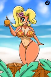 anthro beach bikini blonde_hair coco_bandicoot crash_(series) green_eyes huge_breasts orange_skin smiling_at_viewer tight_clothing tnt tnt_crate_bikini valerya5