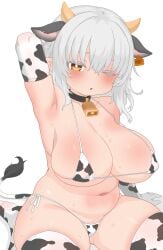 1girl absurdres animal_ears animal_print armpits bell bikini blush breasts collar collarbone cow_ears cow_girl cow_horns cow_print cow_tail cowbell dark_skin elbow_gloves female female_only gloves highres horns large_breasts looking_at_viewer navel one_eye_closed open_mouth original short_hair shortstack solo string_bikini sweat swimsuit tail thighhighs