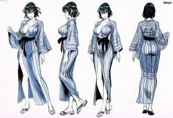accurate_art_style ai_generated anime_coloring blunt_bangs curvy curvy_figure fubuki_(one-punch_man) greyscale indoors japanese_interior large_breasts mature_female monochrome one-punch_man sexy sexy_body short_hair stickyai toned toned_female