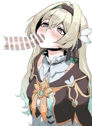 1boy 1girl absurdres bar_censor blonde_hair blush brown_eyes brown_jacket censored commentary_request erection fellatio firefly_(honkai:_star_rail) green_hair green_shirt hair_between_eyes hair_ornament hetero highres honkai:_star_rail honkai_(series) jacket long_hair long_sleeves multicolored_hair oral paniitaa penis shirt sidelocks simple_background solo_focus white_background