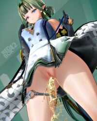 3d arknights arknights:_endfield dress green_hair legwear long_hair looking_at_viewer peeing pissing pointy_ears redbox42 si_(arknights) simple_background solo standing urinating urinating_female urination urine urine_stream
