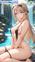 1girls 2026 ai_assisted ai_generated anime beach boobs breasts bust eiyuu_densetsu elaine_auclair female female_only hi_res high_quality high_resolution highres kuro_no_kiseki kuro_no_kiseki_(series) long_hair navel patreon patreon_username sitting skypassion solo stable_diffusion swimsuit tits watermark