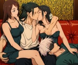 2boys 2girls ai_generated black_hair brown_hair cheating echoanomaly friends_with_benefits fully_nude jujutsu_kaisen on_bed satoru_gojo scar_on_face shoko_ieiri sleeping spooning suguru_geto utahime_iori white_hair