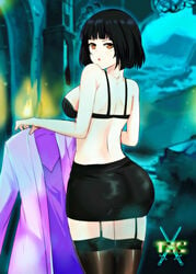 ass ass_in_dress bangs big_ass black_hair bra breasts eyebrows_visible_through_hair female female_only garter_straps highres logo looking_at_viewer looking_back miniskirt original original_character pencil_skirt red_eyes robe sacredcourage serenity_addlebeen short_hair sideboob skirt standing stockings the_legendary_tauran'creima the_legendary_tauran'creima:_star_beings_of_the_universe thick_thighs thighs tight_skirt