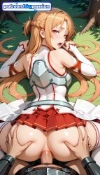 1boy 1girls 2026 ai_assisted ai_generated anime ass ass_grab asuna_(sao) big_ass booty braid brown_eyes cock detached_sleeves dick female_genitalia genitals grabbing_another's_ass groping hetero hi_res high_quality high_resolution highres long_hair looking_back love_making patreon patreon_username penetration penis pov pussy sex sexual_intercourse skirt skypassion stable_diffusion sword_art_online thigh_grab thighhighs uncensored_pussy uncensored_vagina watermark yuuki_asuna