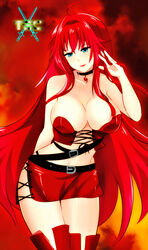 bangs beltskirt breasts choker eyebrows_visible_through_hair female female_only fesforia_meilorei green_eyes highres lipstick logo long_hair nipple_slip original original_character red_hair sacredcourage skirt standing the_legendary_tauran'creima the_legendary_tauran'creima:_star_beings_of_the_universe thigh_boots thighs