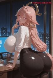 1girl 1girls 2026 ai_generated ass ass_focus back_view big_ass big_breasts big_thighs curvy curvy_body curvy_female curvy_figure female female_focus female_only genshin_impact hair_ornament huge_ass huge_breasts huge_thighs large_ass large_breasts large_thighs light-skinned_female light_skin long_hair office_lady pantyhose patreon patreon_username pink_hair purple_eyes raiden_shogun shirt shychan skirt solo solo_female solo_focus stable_diffusion stockings thick_thighs thighs uniform voluptuous voluptuous_body voluptuous_female yae_miko yae_miko_(genshin_impact)