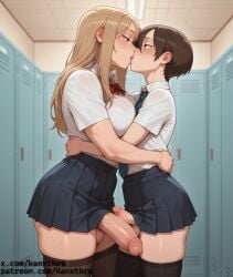 1boy 1futa ai_generated balls big_breasts big_penis blonde_hair blue_eyes boku_no_kokoro_no_yabai_yatsu breasts brown_hair clothed duo femboy futanari hug ichikawa_kyoutarou intersex kanxthro kissing long_hair otoko_no_ko penis school_uniform shirt short_hair skirt small_penis thighhighs tie