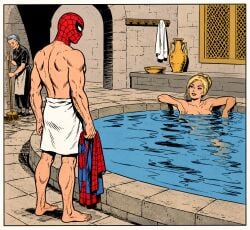 1boy 2d 2girls age_difference ai_generated alixvalove athletic athletic_male background barefoot bath bathhouse bathroom blonde_hair breasts brick_wall broom canonical_scene cleaning clothes_removed color completely_nude detailed_background duo duo_focus eyeliner feet female fit fit_male holding_clothing human human_female human_male human_only in_water leaning leaning_back light-skinned_female light-skinned_male light_skin looking_at_another maid male marvel marvel_cinematic_universe mask mature_female multiple_girls muscular muscular_arms muscular_male nipple_slip nipples nude nude_female nudity old_woman older_female partially_clothed peter_parker relaxing slim_waist spider-man spider-man:_brand_new_day spider-man_(series) spread_arms standing straight tied_hair topless topless_male towel towel_around_waist water yelena_belova younger_male