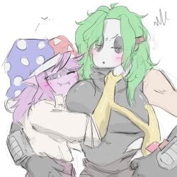 2girls big_breasts blushing claws color fangs female female_only grabbing_another's_breast grabbing_hips green_hair jester_hat kirby_(series) lesbian mario_(series) marx marx_(kirby) nintendo pointy_ears purple_body purple_hair shiniw0lf shy_gal smiling wholesome