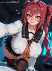 1girl 2026 ai_generated anime bangs black_thighhighs blush boobs breasts cleavage covered_nipples crossover eye_contact female female_focus flushed hair_ribbon heart highres huge_breasts indoors inside large_breasts long_hair long_sleeves looking_at_viewer naruse_mio nsfw patreon pigtails pleated_skirt red_eyes red_hair ribbon rognezart sailor_collar school_uniform serafuku shinmai_maou_no_testament skirt smile smiling solo thighhighs twintails very_long_hair