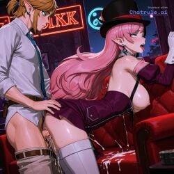 1girl 1girl1boy 8k ahegao_face ai_assisted ai_generated backless_dress black_trim blue_eyes body_freckles breasts_out choker chromatic_aberration creampie cute_girl detailed_body doggy_style doggy_style_sex earrings freckles game_cg game_screenshot high_quality highres kissing large_breasts large_cock link lots_of_cum man moaning neopolitan_(rwby) night_time pink_hair pointy_ears purple_dress purple_panties