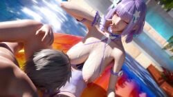 1boy 1girls 3d alisa_(punishing:_gray_raven) alternate_costume breasts breasts_out cunnilingus female highres honey_select large_breasts lilac_hair male punishing:_gray_raven purple_eyes purple_hair realistic robot_girl sagging_breasts short_hair swimsuit yomi_(artist)