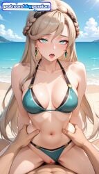 1boy 1girls 2026 ai_assisted ai_generated anime beach blue_sky boobs breasts bust clothing_aside cloud cowgirl_pose cowgirl_position earrings eiyuu_densetsu elaine_auclair girl_on_top hetero hi_res high_quality high_resolution highres kuro_no_kiseki kuro_no_kiseki_(series) long_hair navel outdoors patreon patreon_username pov sand shore sky skypassion stable_diffusion straddling swimsuit tits water watermark woman_on_top