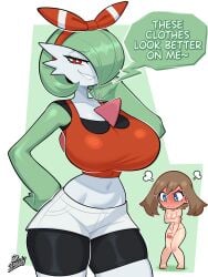 embarrassed embarrassed_nude_female english_text female female_only gardevoir huge_breasts may_(pokemon) may_(pokemon)_(cosplay) may_(pokemon_oras) naked pokemon pokemon_oras smug srbready
