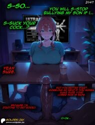 ai_generated balls big_breasts big_penis blush cheating comic cuckold dark-skinned_male english_text green_eyes hair_bun interracial netorare ntr pale-skinned_female red_hair redhead shy text veiny_penis