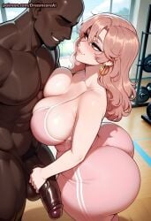1boy ai_generated big big_breasts brown_eyes dark-skinned_male dreamcoreai dreamcoreart earings gym holding_penis huge_cock looking_at_another oshi_no_ko pink_hair saitou_miyako thick_thighs wide_hips