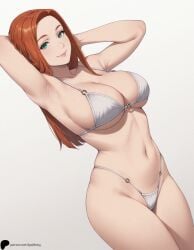 1girl 1girls ai_generated arms_behind_back atom_eve bare_shoulders bikini breasts cleavage closed_mouth collarbone green_eyes head_tilt hi_res high_quality high_resolution highres invincible large_breasts legs_together light lips long_hair looking_at_viewer midriff navel nose opal_nemy orange_hair patreon_logo patreon_url patreon_username plain_background samantha_eve_wilkins self_upload shadow shiny shiny_hair shiny_skin simple_background smile solo standing string_bikini swimsuit thick_thighs thighs watermark white_background white_bikini wide_hips
