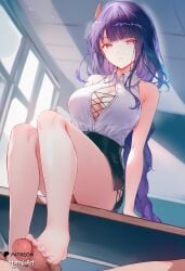 1boy 1girl ai_generated barefoot braid breasts cleavage footjob genshin_impact hetero highres indoors large_breasts long_hair looking_at_viewer nsfw penis purple_eyes purple_hair raiden_shogun_(genshin_impact) school shiny_skin shirt skirt stormiaart sweat teacher toes uncensored