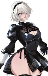 1girls breasts female female_focus female_only large_breasts light-skinned_female light_skin nier:_automata shizuerenai solo thick_thighs thighhighs thighs wide_hips yorha_2b