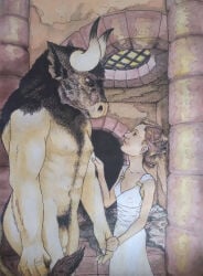 ariadne_(greek_mythology) asterion asterion_(greek_mythology) blonde_hair body_hair brother_and_sister bull bull_horns bull_humanoid chest_hair clothed clothed_female clothed_female_nude_male clothing comforting greek greek_clothes greek_mythology horns larger_male minotaur monster monster_boy nude nude_male nudity unerect