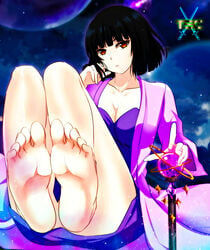 bangs bare_legs barefoot black_hair breasts clothed_female eyebrows_visible_through_hair feet feet_together feet_up female female_only foot_focus highres logo looking_at_viewer original original_character outer_space pointing pointing_at_viewer pov_feet presenting_feet red_eyes robe sacredcourage serenity_addlebeen short_hair sitting soles solo staff the_legendary_tauran'creima the_legendary_tauran'creima:_star_beings_of_the_universe thick_thighs thighs toes