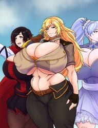 3girls breasts bursting_breasts cleavage colored dress female female_only huge_breasts long_hair massive_breasts midriff navel nipple_bulge ritax ruby_rose rwby short_hair short_sleeves skirt smile supersolenoid thick_thighs third-party_edit tied_hair toned toned_female weiss_schnee wide_hips yang_xiao_long