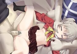 1girls 2boys age_difference artist_request censored charlotte_(anime) closed_eyes clothing cum cum_in_pussy cum_inside female nakadashi nipples penis pubic_hair pussy rape school_uniform sex size_difference skirt sleep_molestation sleeping small_breasts spread_legs stockings tagme tomori_nao white_hair