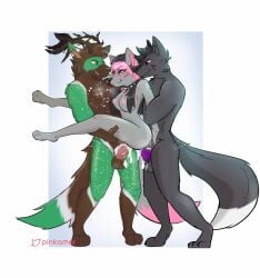 ass brown_fur canis cum_in_pussy cum_while_penetrated female green_fur group hair male pubes threesome vaginal_penetration white_background