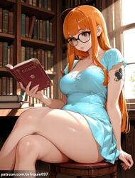 1girl ahoge ai_generated arlequin097 arm_tattoo bare_legs black-framed_eyewear blue_dress blunt_bangs book bookshelf breasts cleavage closed_mouth collarbone covered_navel crossed_legs curvy day dress feet_out_of_frame glasses holding holding_book indoors large_breasts library light_rays lips long_hair open_book orange_hair persona persona_5 persona_5_royal plump purple_eyes reading sakura_futaba short_dress short_sleeves shoulder_tattoo sitting solo stool sunlight tattoo thick_thighs thighs window