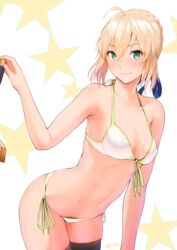 1girls ahoge artist_name artoria_pendragon bangs bikini black_legwear blonde_hair blue_ribbon braid breasts cleavage closed_mouth collarbone cowboy_shot eyebrows_visible_through_hair fate/stay_night fate_(series) female front-tie_bikini front-tie_top green_eyes hair_ribbon halterneck hand_on_hilt highres leaning_forward looking_at_viewer medium_breasts nanahime navel ribbon saber short_hair side-tie_bikini simple_background skindentation smile solo star swimsuit sword thighhighs weapon white_bikini