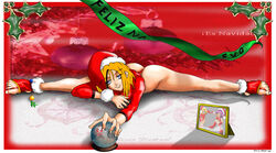 1girls back_view blonde_hair blue_eyes busty butt_crack christmas curvy dat_ass detailed_background eyelashes female female_only hat holding_object hourglass_figure human leotard long_hair looking_at_viewer lying original_character santa_hat shiny shiny_skin shoes solo spanish_text spread_legs spreading text thong top_hat translated voluptuous wide_hips xplotter yellow_hair