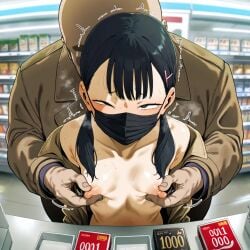 1boy 1girl ai_generated black_hair black_mask hikaru_ga_shinda_natsu nipple_play nipple_teasing public public_nudity shop sweat sweatdrop the_summer_hikaru_died ugly_bastard yuuki_tadokoro