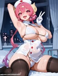 1girl ai_generated arlequin097 arm_behind_head arm_up armpits bikini black_thighhighs blush breasts cleavage covered_navel cross cross_earrings curtains detached_collar dragon_girl dragon_horns earrings gloves gradient_hair hat horns ilulu_(dragon_maid) ilulu_(maidragon) indoors jewelry kobayashi-san_chi_no_maidragon large_breasts latin_cross long_hair looking_at_viewer miss_kobayashi's_dragon_maid multicolored_hair night nurse nurse_cap on_bed open_mouth pink_eyes pink_hair pointy_ears presenting_armpit purple_hair red_cross see-through sideboob sitting skindentation skirt slit_pupils smile solo sweat swimsuit teeth thick_thighs thighhighs thighs tongue tongue_out twintails underboob upper_teeth_only v wariza wet white_bikini white_gloves white_headwear white_skirt window yellow_horns