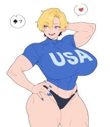 1girls abs absurd_res american american_female black_panties blonde_hair blue_eyes blue_shirt chengchezhiice female heart_symbol huge_breasts huge_thighs legs looking_away muscle_girl muscle_mommy muscular muscular_female muscular_legs oc original original_character qoh queen_of_hearts