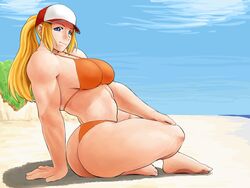 artist_request ass barefoot bikini blonde_hair blue_eyes breasts canon_genderswap cap fatal_fury female female_terry hat long_hair muscles muscular_female ponytail rule_63 snk snk_heroines:_tag_team_frenzy solo terry_bogard thong