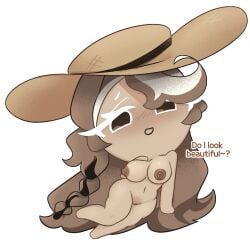 1girls alternate_version_available beach_hat belly breasts coocoocoocoo cookie_run cookie_run_kingdom dialogue female_focus female_only functionally_nude_female hat hat_only mochaccino_cookie pale-skinned_female pale_skin posing posing_for_the_viewer pussy talking_to_viewer text